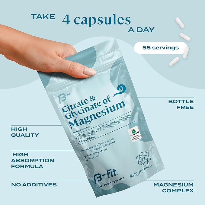 Magnesium Glycinate & Citrate - 220 Capsules - Magnesium Supplement - 496 mg Elemental Magnesium - Supports Sleep and Muscle Recovery - Vegan - High Absorption Formula - 2 Month Supply