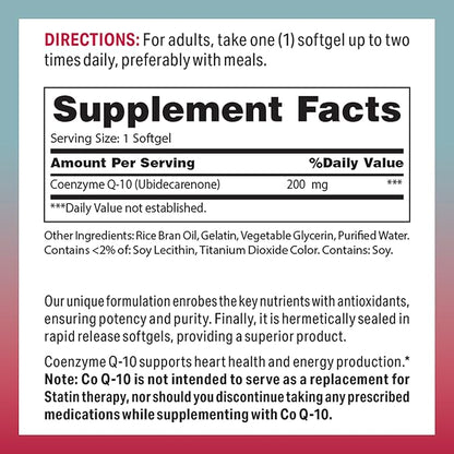 Vitamin World CoQ10 200 mg Softgels, Coenzyme Q10 Supplements for Antioxidant Support, Heart Health & Energy Production, Gluten Free, 120 Rapid Release Softgels
