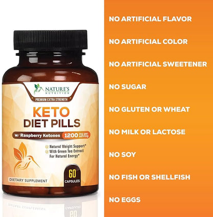 Keto Pills 1200mg - Advanced Support Lean Keto Diet Pills - Use Fat for Energy & Focus in Ketosis - Ultra Fast Prime Keto Supplement for Women & Men - Nature's Optimal Max Keto - 60 Capsules