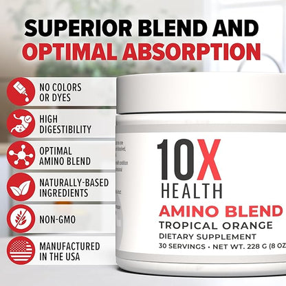 10X Health Amino Blend Tropical Orange - Contains EAA and BCAA Amino Acids Supplement - Essential Amino Acids Powder for Men and Women, Pre and Post-Workout Amino Energy Boost - 30 Servings