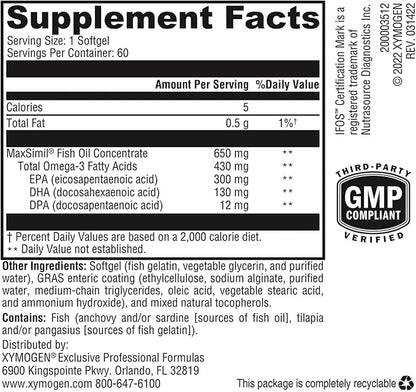 XYMOGEN Omega MonoPure 650 EC - Omega-3 Fish Oil Supplements for Women & Men - with EPA, DHA & DPA - Smaller Softgels with 3X Greater Absorption - Support a Healthy Heart & Cognition (60 Softgels)