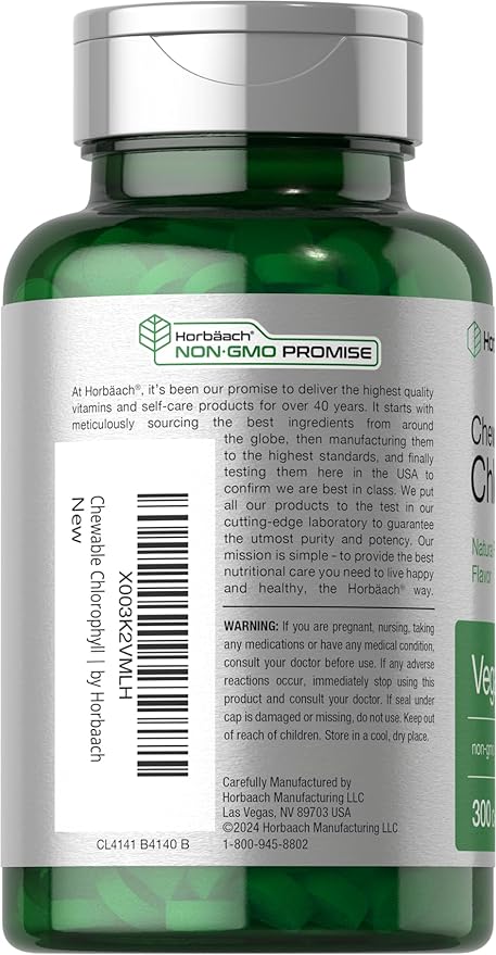 Horbäach Chlorophyll Pills | 300 Chewable Tablets | Natural Peppermint Flavor | Vegan, Non-GMO & Gluten Free Supplement