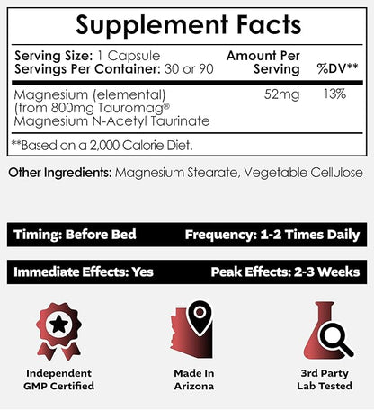 Nootropics Depot Tauromag Capsules | 800mg Magnesium N-Acetyl Taurinate | 90 Count