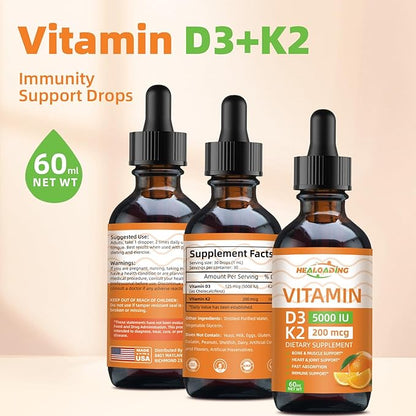 HEALOADING Vitamin D3 K2 Drops, Organic Plant D3 + K2, Vitamin D Liquid 5000 IU, K2 200 mcg Liquid K2 D3 Vitamin Supplements for Body’s Defenses, Faster Absorption, Healthy Bones and Immune Support