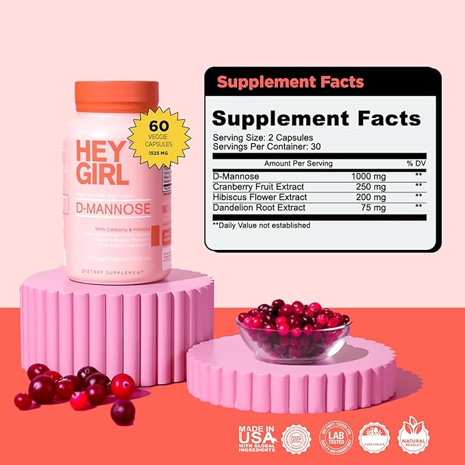 D Mannose Capsules - Fast-Acting UTI Supplement - Cleanse & Flush Impurities - with Natural D-Mannose Powder, Cranberry, Hibiscus & Dandelion - Alternative to Cranberry for Women, 60 Capsules