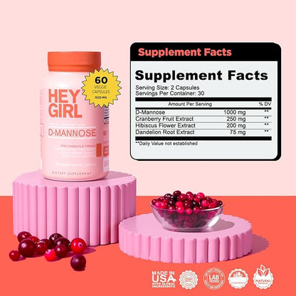 D Mannose Capsules - Fast-Acting UTI Supplement - Cleanse & Flush Impurities - with Natural D-Mannose Powder, Cranberry, Hibiscus & Dandelion - Alternative to Cranberry for Women, 60 Capsules