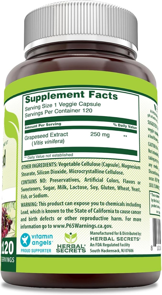 Herbal Secrets Grapeseed Extract Supplement | 250 Mg per Serving | 120 Veggie Capsules | Non-GMO | Gluten-Free | Made in USA