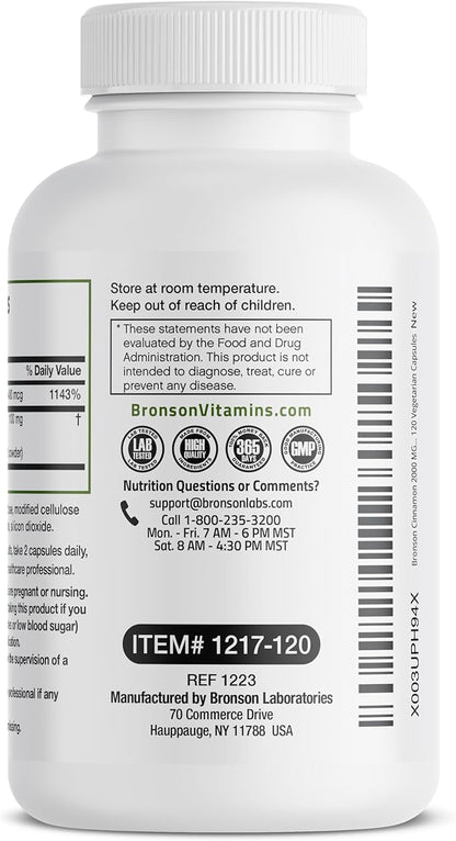 Bronson Cinnamon Plus Chromium Picolinate Supplement, High Potency Chromium, Non-GMO, 120 Vegetarian Capsules