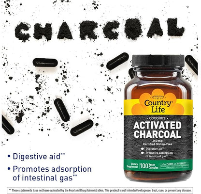 Country Life Coconut Activated Charcoal Capsules, 260mg – Natural Charcoal Supplement for Gas and Bloating Relief - Gluten-Free, 100 Vegan Capsules