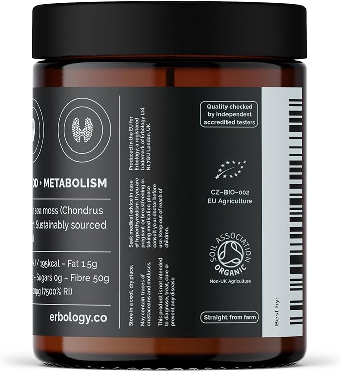 Erbology Organic Irish Sea Moss Powder 3.2 oz - 90 Servings - Sustainably Sourced in Ireland - Supports Metabolism and Skin Health - Rich in Iodine - Small Batch - GMO-Free