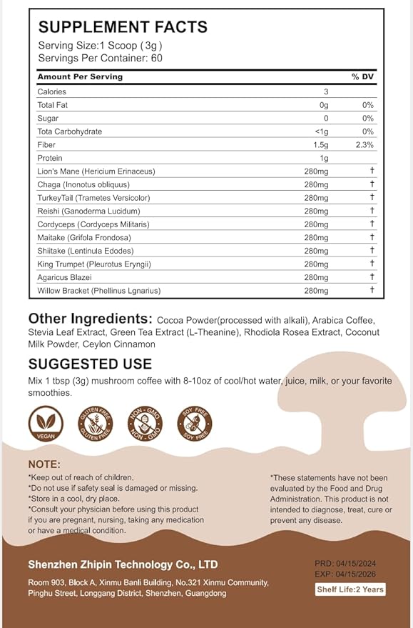 Mushroom Coffee Powder Organic (60 Servings) Instant Coffee Natural Ingredients - Lion's Mane, Cordyceps, Reishi, Chaga Mushrooms Powder Supplement Better Focus and Immunity, Gut Digestion