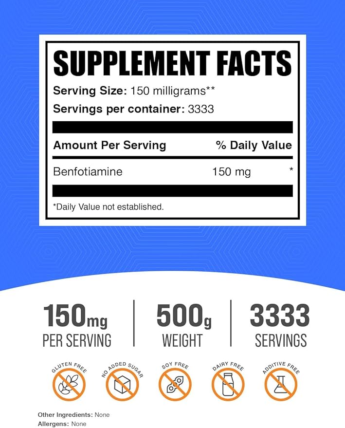 BulkSupplements.com Benfotiamine Powder - Thiamine B1 Supplement, Benfotiamine Supplement - Benfotiamine 150mg, Gluten Free - 150mg per Serving, 500g (1.1 lbs) (Pack of 1)