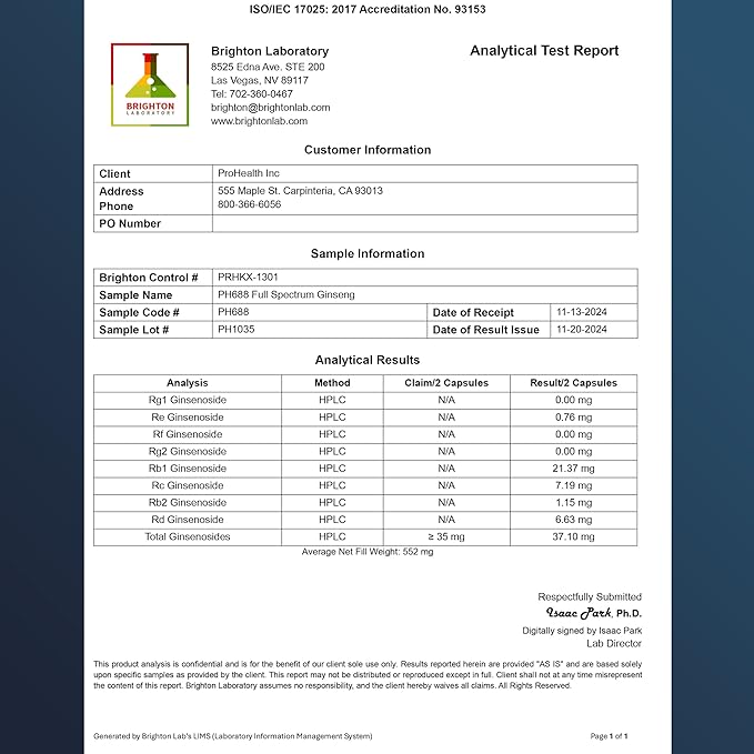 ProHealth Full Spectrum Ginseng | Triple Lab Tested | 1000 mg, 60 Capsules