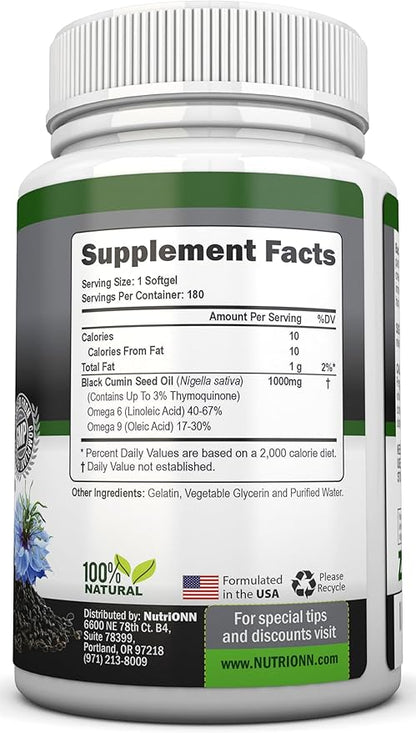 Black Seed Oil - 1000 Mg - 180 Softgels - Cold-Pressed Non-GMO Black Cumin Seed Capsules - Super High Thymoquinone Content - Nigella Sativa - Rich in Omega 6 & 9 Fatty Acids - Immune Health Support