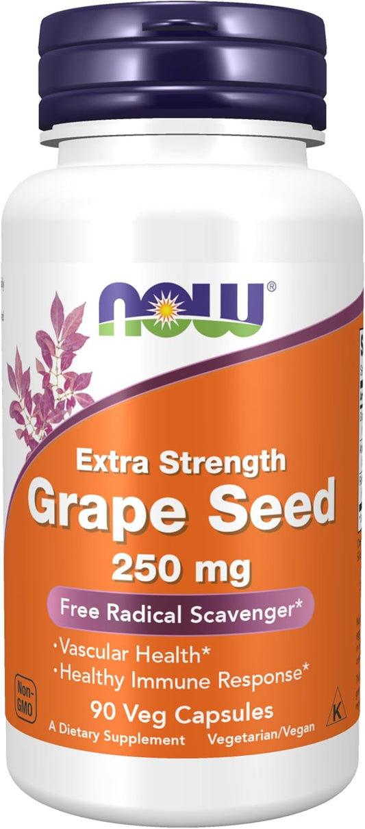 NOW Foods Supplements, Grape Seed (a Highly Concentrated Extract with a Minimum of 90% Polyphenols) Extra Strength 250 mg, 90 Veg Capsules