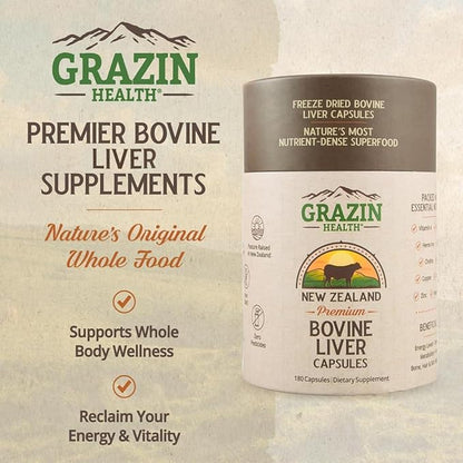 Grass Fed Beef Liver from New Zealand - Freeze Dried 3000mg per Serving (500mg per Capsule) (30 Servings)