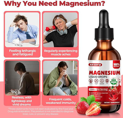 Magnesium Glycinate Liquid - 1500mg Maximized Absorption Magnesium Complex Supplement to Support Stress Relief, Night, Heart Health, Nerves and Muscles - Strawberry Flavor (60ml)