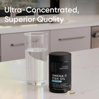 Sports Research Triple Strength Omega 3 Fish Oil - Burpless Fish Oil Supplement w/EPA & DHA Fatty Acids from Single-Source Wild Alaskan Pollock - 1250 mg, 90 ct