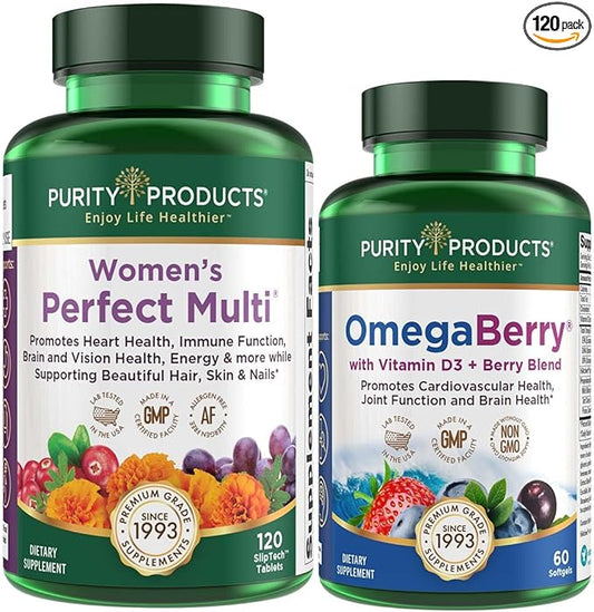 Purity Products Women’s Perfect Multi + OmegaBerry Fish Oil Women's Multi (Supports Urinary Tract Health, Immune, Bone, Hair, Skin, Nails + More) - OmegaBerry (1250mg Omega-3, Vitamin D3 + More)