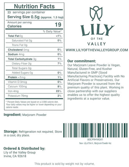 Lily of the Valley Marjoram Leaves Powder - All Natural Fresh Marjoram Ground - Mediterranean Spice Ideal for Cooking - Vegan & Gluten-Free - Packed in Resealable Ziplock Pouch (4oz, 453g)