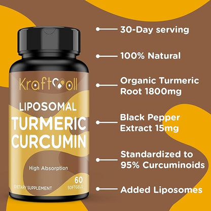 Liposomal Turmeric Curcumin Supplement 2200 mg with Black Pepper Extract 15 mg for High Absorption and Joint Function, 60 Softgels for Adults