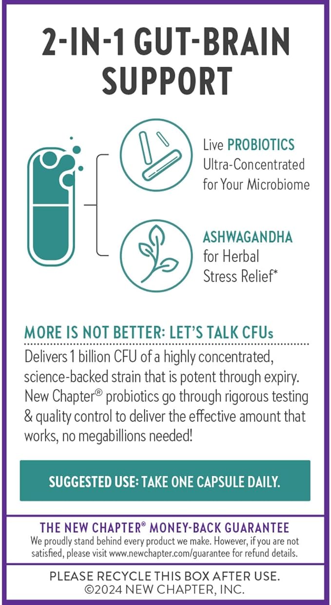 New Chapter All-Flora™ Probiotic De-Stress Formula with Clinical-Strength Ashwagandha - Dual-Action Probiotics for Digestive Health + Herbal Stress Relief Supplement*, 30 ct