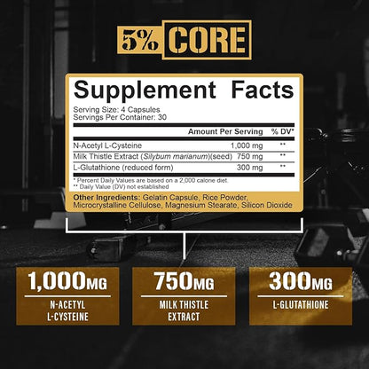 5% Core Liver Support | NAC (N-Acetyl L-Cysteine) 1000mg, Milk Thistle 750mg, L-Glutathione 300mg | Liver Cleanse Detox & Repair Supplement (30 Capsules)