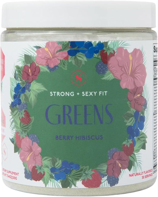 Strong + Sexy Fit Greens Superfood Powder, Green Juice for Gut Health, Energy & Immune Support, Fruit and Veggies Supplement with Wheat Grass, Digestive Enzyme, Vitamin C, 30 SVG, Berry Hibiscus