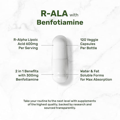 DEAL SUPPLEMENT R Alpha Lipoic Acid 600mg with Benfotiamine 300mg Per Serving, 120 Veggie Capsules – 200mg R-ALA Per Capsule – Antioxidant Supplement for Energy & Nervous System Support