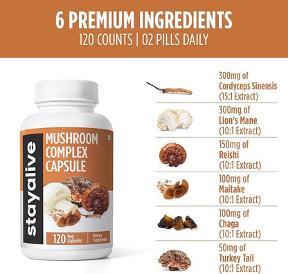 STAY ALIVE Mushroom Complex 1000mg, 6-in-1 Mushroom Supplement w/Lions Mane, Reishi, Chaga, Cordyceps, Maitake and Turkey Tail Extract Powder, 120 Vegan Pills, Non-GMO & Gluten Free Herbal Capsules