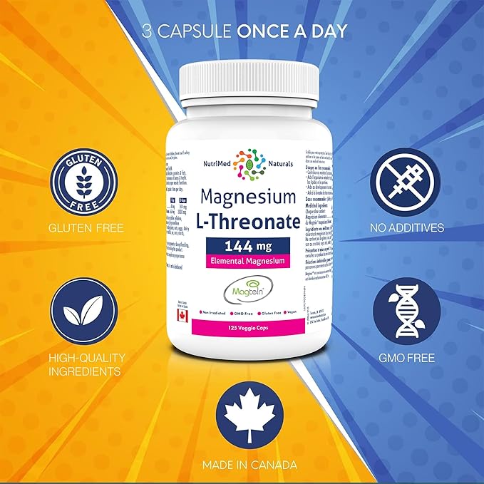 Elemental Magnesium L-Threonate Supplement 144mg 125 Caps - Magtein Magnesium L-Threonate Capsules - Nutrimed Naturals - 3rd Party Tested