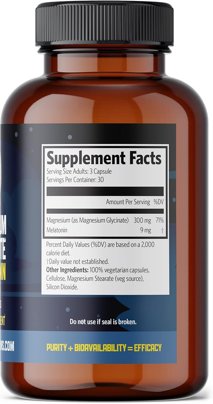 Magnesium Glycinate with Melatonin 3 mg - 90 Vegan Caps by Pure Lab Vitamins - Helps with Jet Lag and Sleep Cycles 🍁 Made in Canada