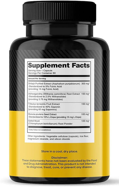 Dynamic Vitality Shilajit Ashwagandha Gokshura Supplement - Himalayan Pure Shilajit Capsules with Tribulus (Gokshura), Extra Strength Ashwagandha & Safed Musli | Himalayan Shilajit Supplement