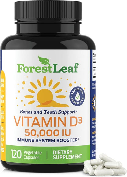 ForestLeaf Vitamin D3 50,000 IU | VIT D - VIT D3 Vitamin D Supplement for Women and Men | Bone Health, Teeth, Immune Support | Easy to Swallow Pills | High Potency WEEKLY Dose, 2-Year Supply, 120 Caps