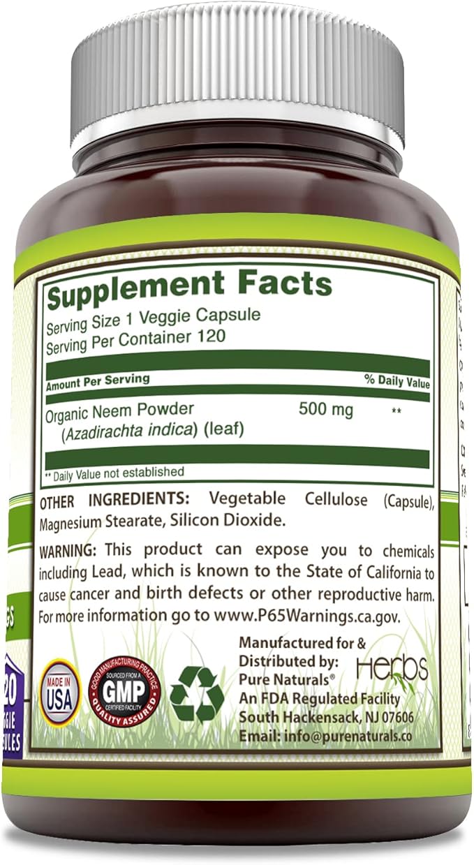 Pure Naturals Neem (Made with Natural Neem Leaf) | 500mg 120 Veggie Capsules Supplement | Non-GMO | Gluten Free | Made in USA | Ideal for Vegetarians