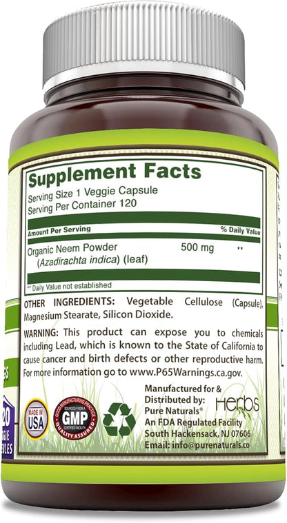 Pure Naturals Neem (Made with Natural Neem Leaf) | 500mg 120 Veggie Capsules Supplement | Non-GMO | Gluten Free | Made in USA | Ideal for Vegetarians