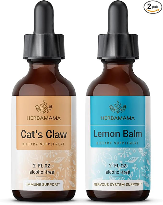 Herbamama Liquid Drops Kit - Bundle of Cat's Claw Extract 2 fl oz and Lemon Balm Tincture 2 fl oz - Vegan Herbal Supplement Liquid Extract - Non GMO, Sugar & Alcohol-Free - 2 Pack