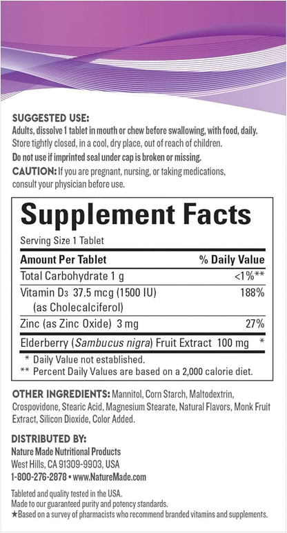 Nature Made Wellblends Elderberry with ImmuneCare, Vitamin D3 and Zinc, with Elderberry Flavor, 30 Fast Dissolve Tablets