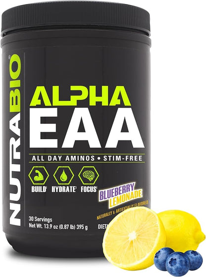 NutraBio Alpha EAA Hydration and Recovery Supplement - Full Spectrum EAA BCAA Matrix with Electrolytes, Nootropics, Coconut Water - Recovery, Energy, Focus, & Hydration Supplement (Blueberry Lemonade)