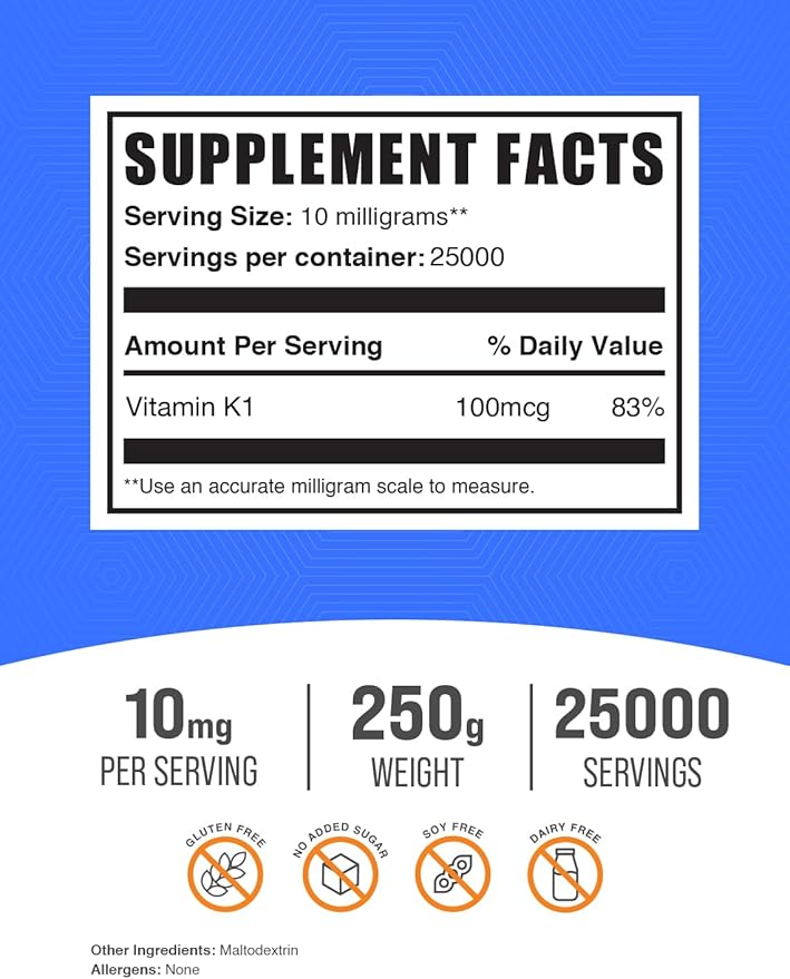 BulkSupplements.com Vitamin K1 Powder - 1%, Vitamin K Supplement, Vitamin K-1 100mcg - Gluten Free, 10mg per Serving, 250g (8.8 oz) (Pack of 1)