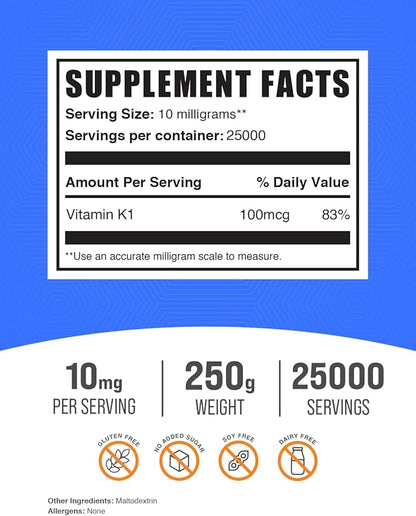 BulkSupplements.com Vitamin K1 Powder - 1%, Vitamin K Supplement, Vitamin K-1 100mcg - Gluten Free, 10mg per Serving, 250g (8.8 oz) (Pack of 1)
