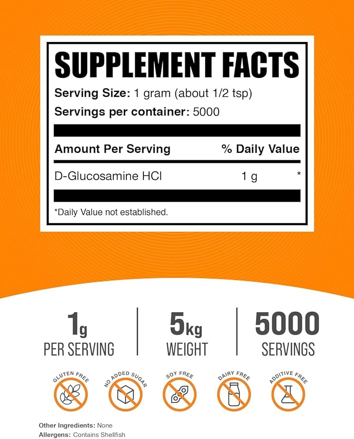 BulkSupplements.com Glucosamine HCl Powder - Glucosamine 1000mg, Glucosamine Supplement, Glucosamine Powder - Gluten Free, 1000mg per Serving, 5kg (11 lbs) (Pack of 5)