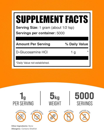 BulkSupplements.com Glucosamine HCl Powder - Glucosamine 1000mg, Glucosamine Supplement, Glucosamine Powder - Gluten Free, 1000mg per Serving, 5kg (11 lbs) (Pack of 5)