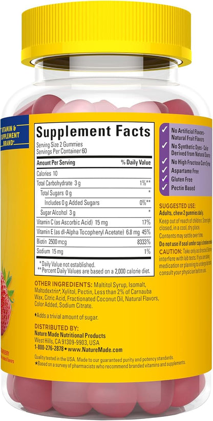 Nature Made Zero Sugar Hair Skin Nails Gummies, Biotin 2500 mcg per Serving, 120 Sugar Free Gummies, 60 Day Supply