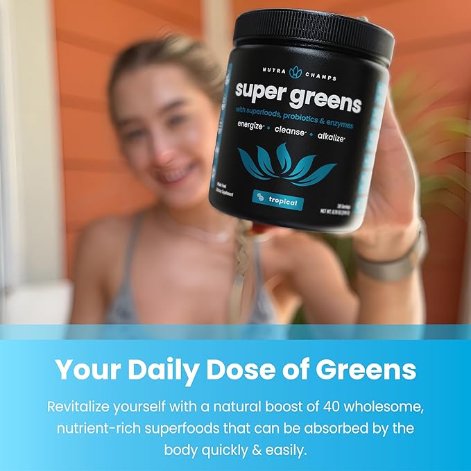 NutraChamps Super Greens Powder Premium Superfood | 20+ Organic Green Veggie Whole Foods | Wheat Grass, Spirulina, Chlorella | Antioxidant, Digestive Enzyme & Probiotic Blends (9.1 OZ, Tropical)
