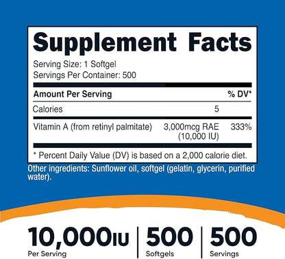 Nutricost Vitamin A 10,000 IU, 500 Softgels (2 Bottles)