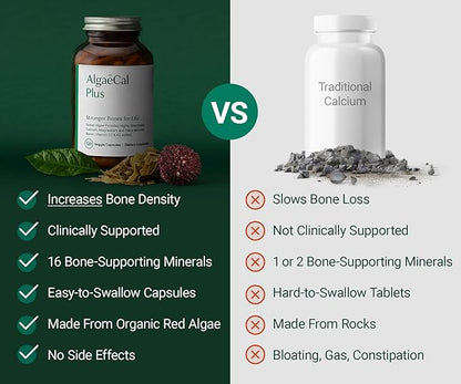 ALGAECAL Plus – Organic Red Algae Calcium Supplement, Vitamin K2 MK7 (100mcg), Vitamin D3 (1600 IU), Magnesium (350mg), Trace Minerals, Plant-Based Bone Strength, Easy to Swallow, 120 Veggie Caps