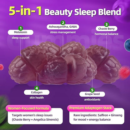 Women's Melatonin 5Mg Gummies with Ashwagandha, L-Theanine & Valerian Root | Natural Sleep Aid, Time Release Formula | Mixed Berry Flavor, Non-GMO, Gluten-Free, Melatonin Gummies 60-Day Supply