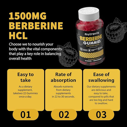 Berberine Gummies with Ceylon Cinnamon 1500mg High Potency Berberine HCL Supplement for Immune and Metabolism Support, Sugar Free Organic Berberine Gummies Raspberry Flavor-2PACK
