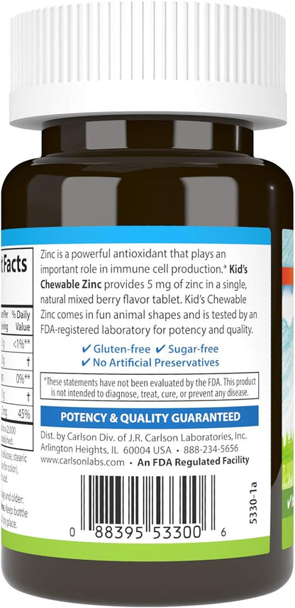 Carlson - Kid's Chewable Zinc, 5 mg, Immune Support, Antioxidant Power, Natural Mixed Berry Flavor, 42 Tablets